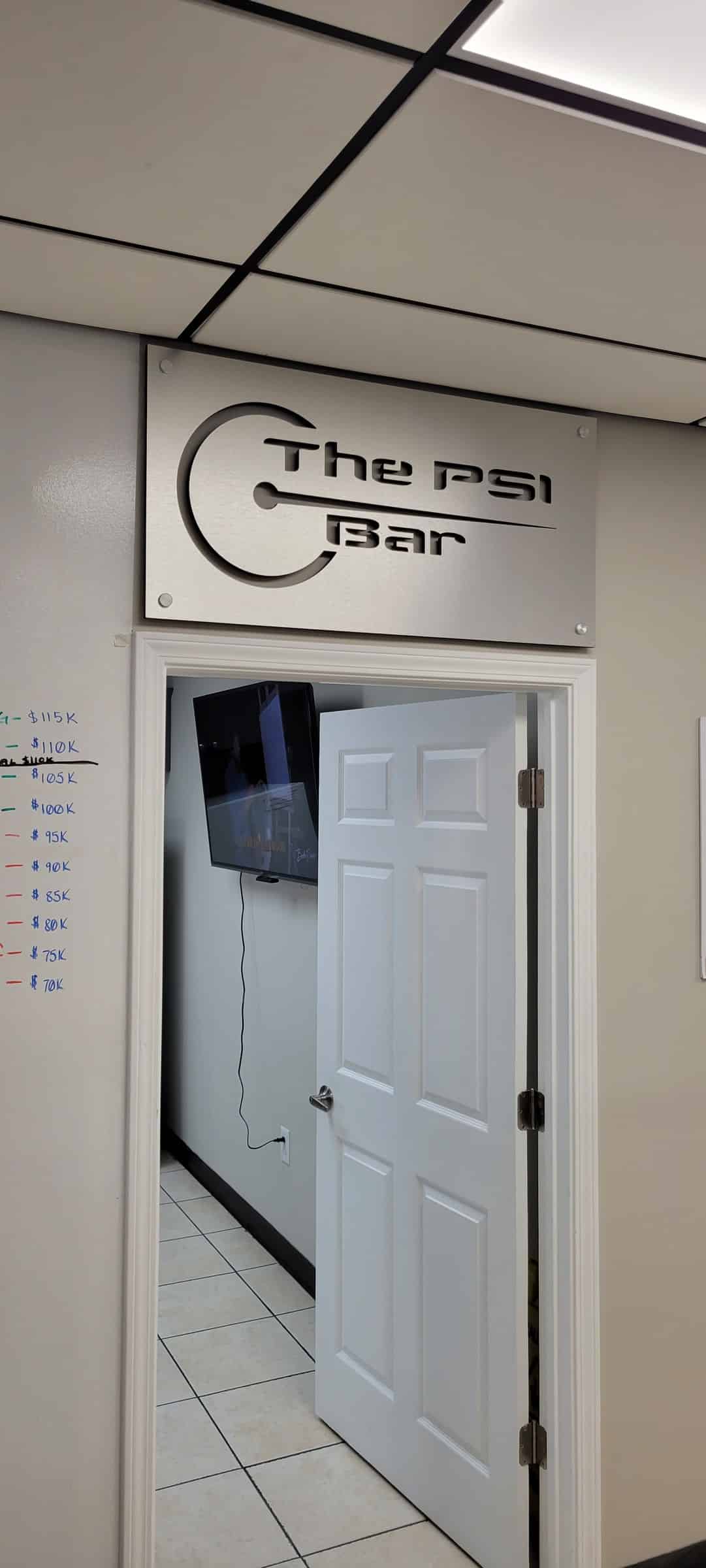 Sign over doorway, vertical view, The PSI Bar, by High Stakes Creative