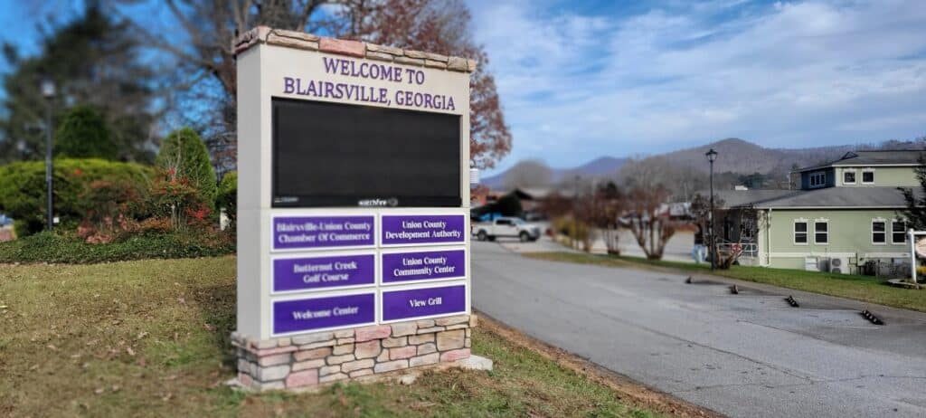 Welcome to Blairsville monument with LED board and directory panels, Blairsville-Union County Chamber of Commerce, Blairsville, GA, by High Stakes Creative