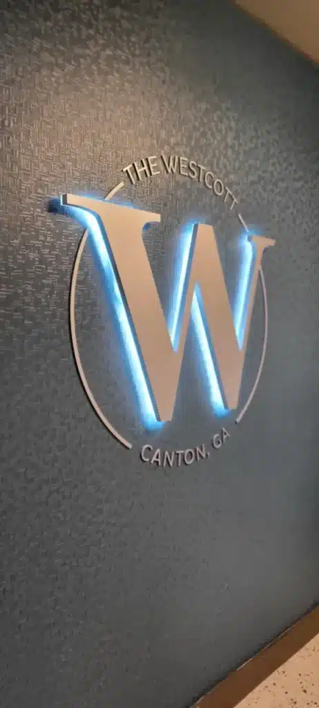Halo-lit dimensional logo, The Westcott, Canton GA, by High Stakes Creative