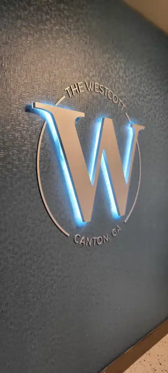 Halo-lit dimensional logo, The Westcott, Canton GA, by High Stakes Creative