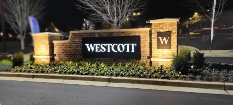Halo-lit dimensional logo and monument sign for The Westcott in Canton, GA, by High Stakes Creative