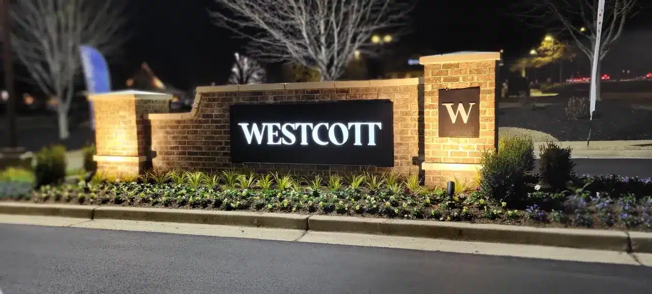 Halo-lit dimensional logo and monument sign for The Westcott in Canton, GA, by High Stakes Creative