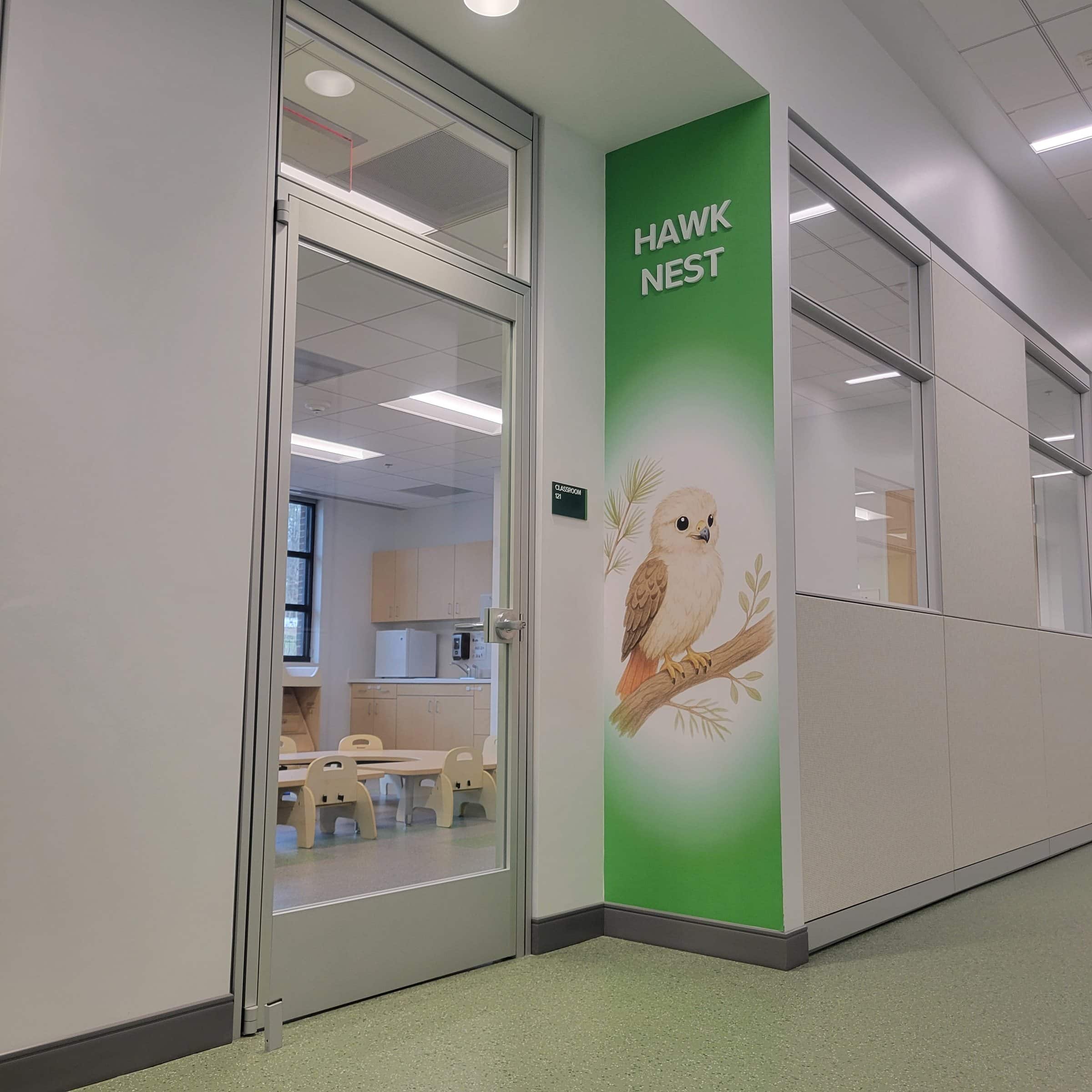 'Hawk Nest' classroom entry graphic with owl illustration, Westminster, by High Stakes Creative
