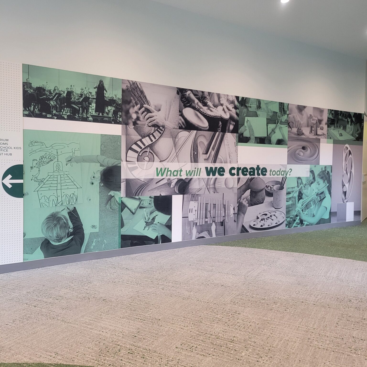 'What will we create today?' photo-collage wall mural, Westminster, by High Stakes Creative